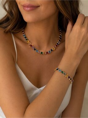 Camila Coelho | Vibrant Rainbow CZ Heart Tennis Bracelet & Matching Necklace